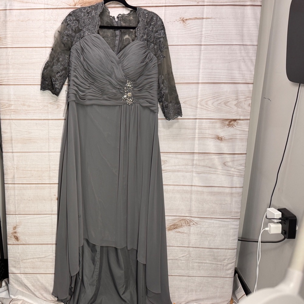 steel grey mother of the bride dresses Azazie | | Azazie Devereaux Lace Chiffon Formal Gown Custom Size charcoal grey dark grey dress